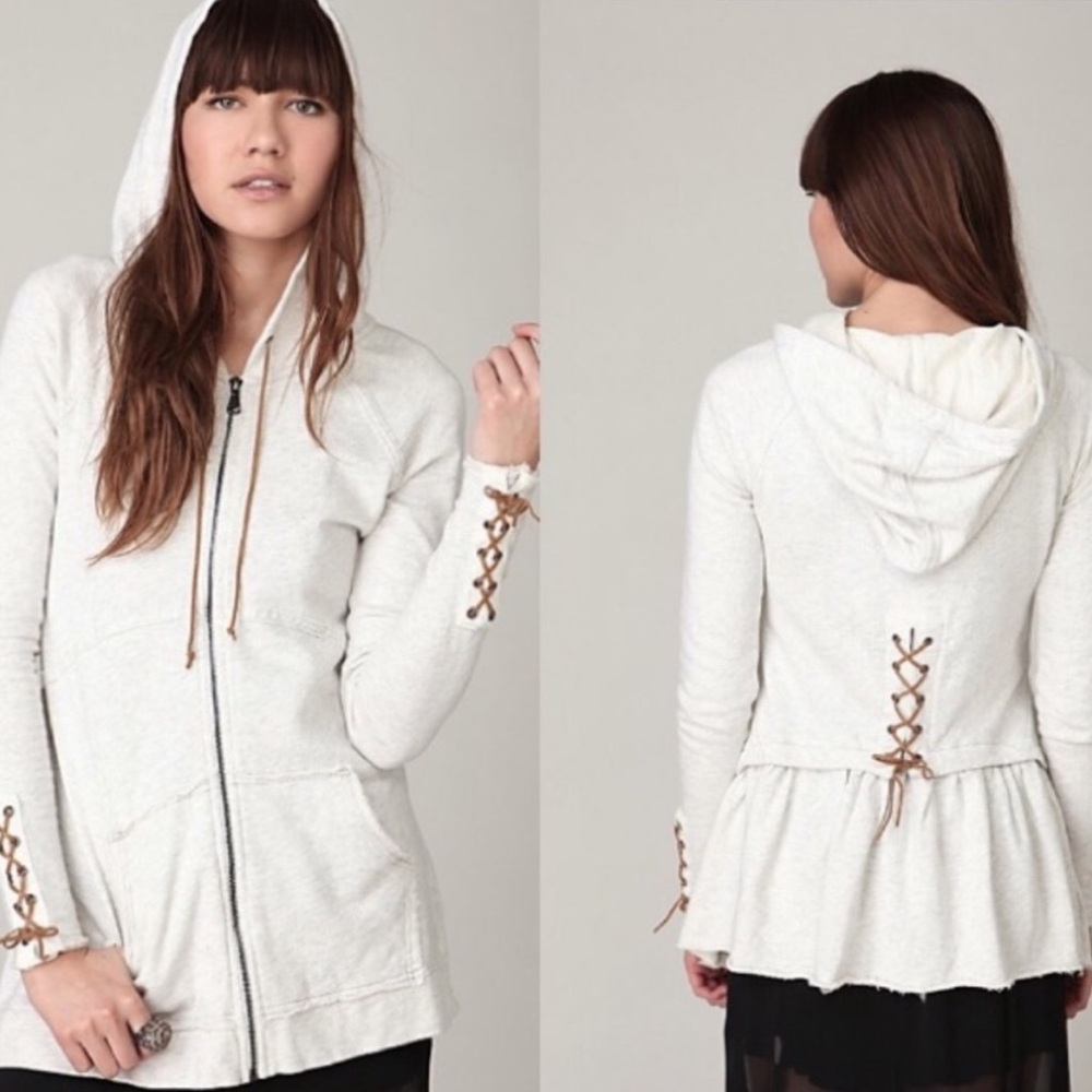 Rare Free People Lace-Up Zip Up Hoodie Sweatshirt XS